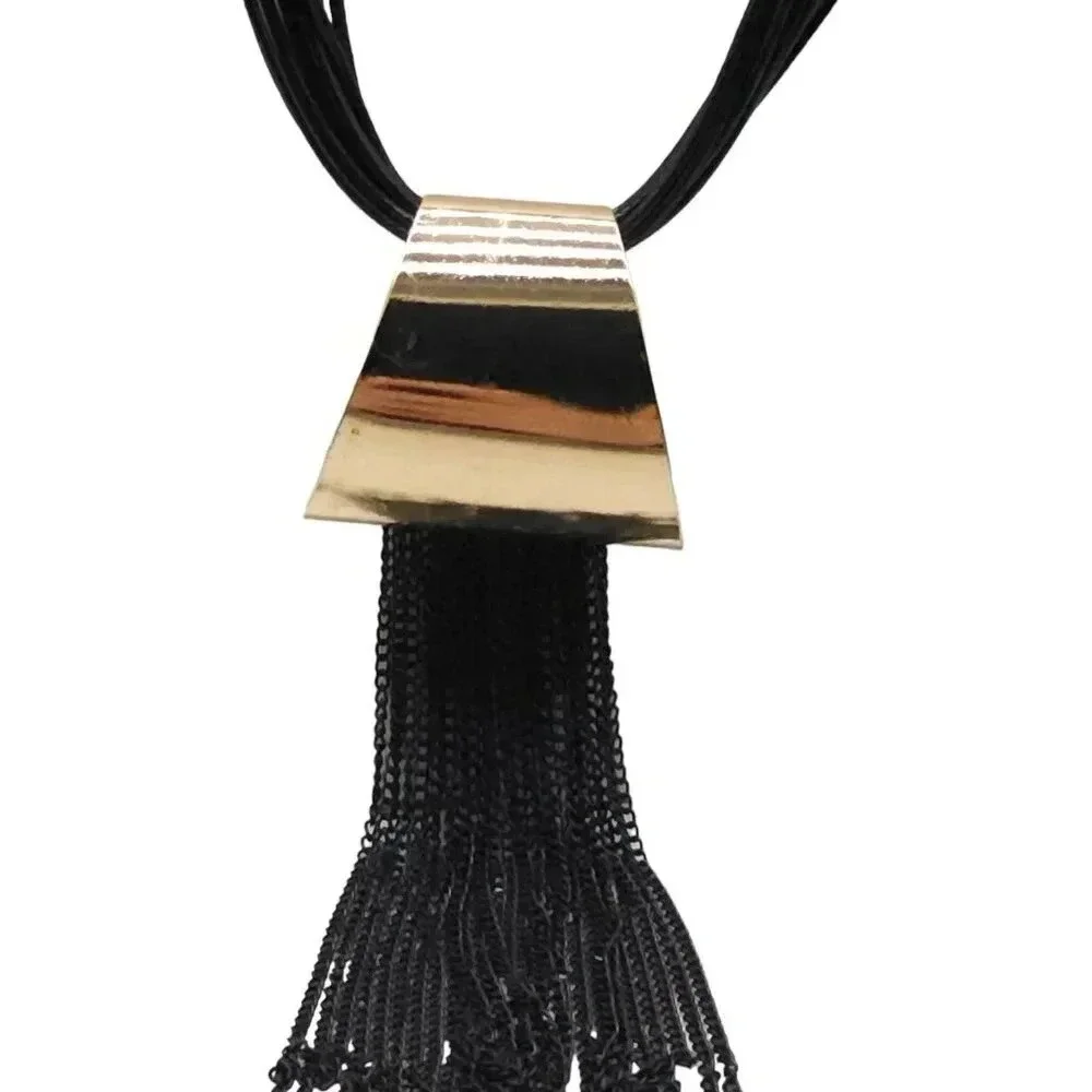 Multi Leather Cords Draping Tassel Statement Necklace Adjustable Gold Tone VTG